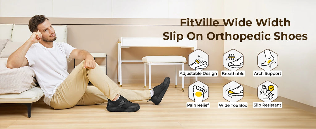 FitVille Diabetic Shoes for Men Extra Wide Hook and Loop Walking Shoes for Elderly for Swollen Feet Foot Pain Relief Neuropathy