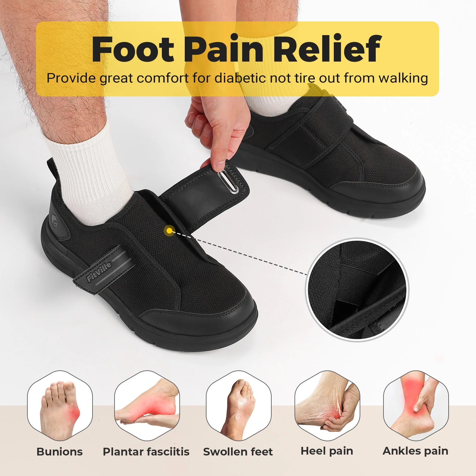 FitVille Diabetic Shoes for Men Extra Wide Hook and Loop Walking Shoes for Elderly for Swollen Feet Foot Pain Relief Neuropathy