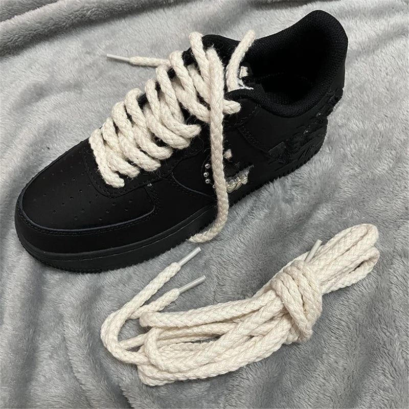 1Pair 8mm Bold Round Shoelaces Quality Linen Cotton Sneakers Shoelace AF1 Shoe laces 100/120/140/160/180CM Shoes Accessories