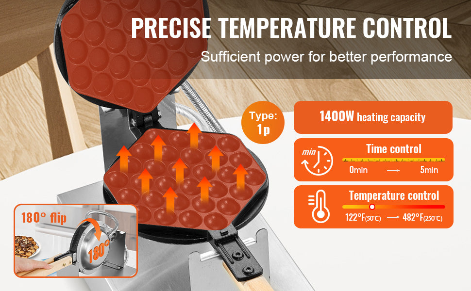 SucceBuy Commercial Egg Bubble Waffle Maker 1400W Non-Stick Stainless Steel Bubble Puff w/180° Rotatable 2 Pans & Wooden Handles