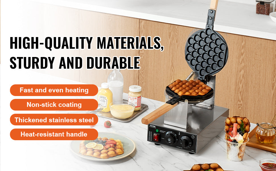 SucceBuy Commercial Egg Bubble Waffle Maker 1400W Non-Stick Stainless Steel Bubble Puff w/180° Rotatable 2 Pans & Wooden Handles